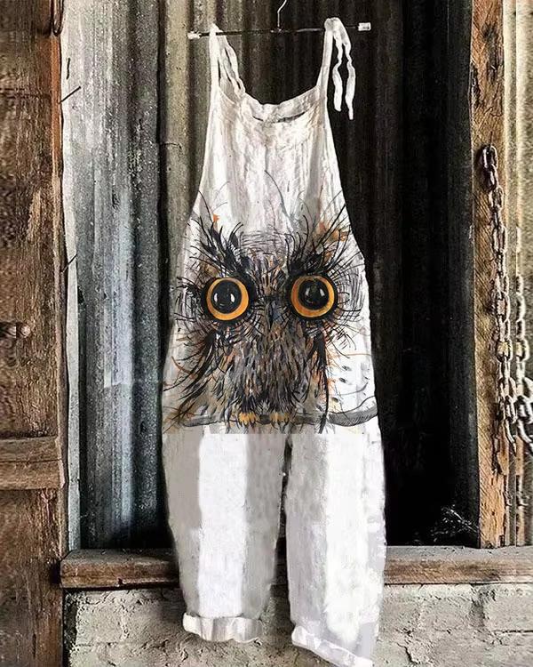 Product Introduction of 2024 new fashion trend women's summer new bohemian fashion loose and comfortable casual jumpsuit retro 3D digital owl animal print loose jumpsuit shoulder pants women's plus size S-5XL 2