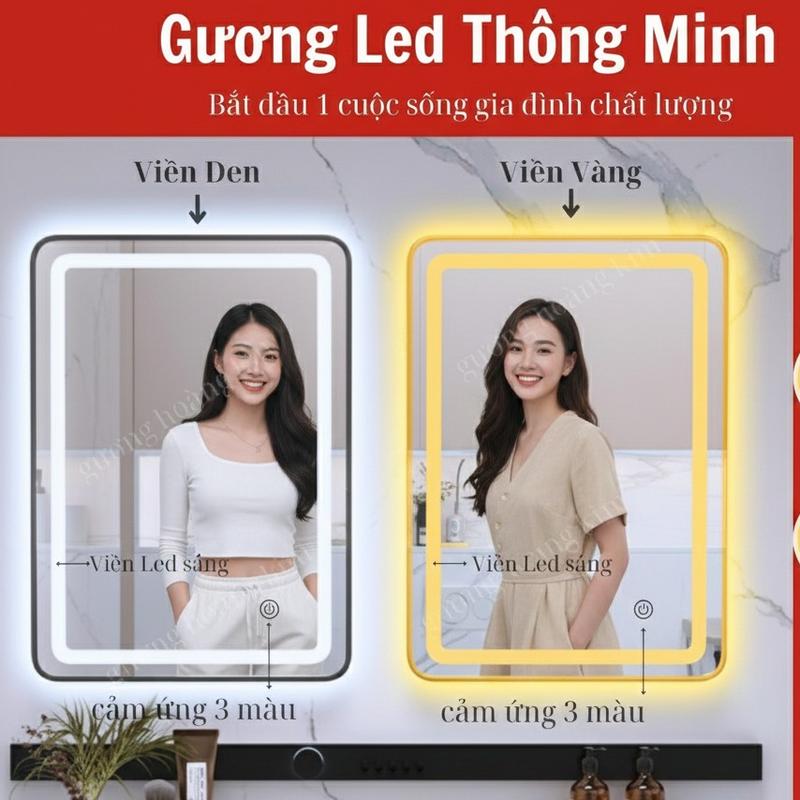  Guonghoangkim Gương Đèn Led Cảm Ứng Treo Phòng Tắm Kích Thước 45x60cm Chữ Nhật Treo Bàn Trang Điểm Viền Vàng & Đen Chống Ố Mốc 3 Màu Led Trắng Vàng Trung Tính Cho Phòng Khách Salon Tóc 