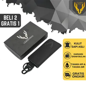 Gantungan Kunci Kendaraan Kulit Sapi Asli Leaderbag Terbaru Dompet STNK Mobil Keyless Hitam Waterproof Car