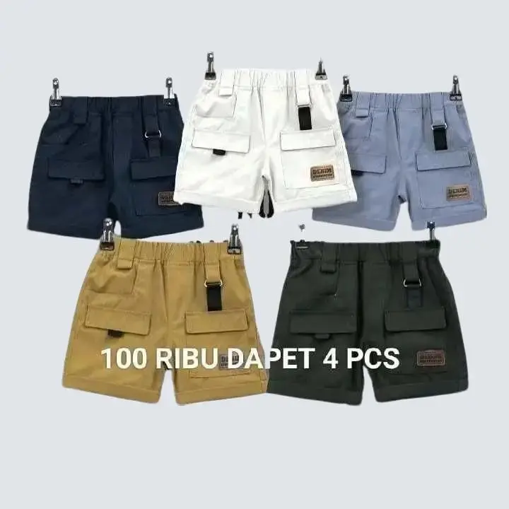 Paket 4 Pcs Celana Cargo Pendek Anak Cowok Cewek Usia 1-10 Tahun Katun - Variasi Kantong, Ring Besi, dan Tali - Fashion 0