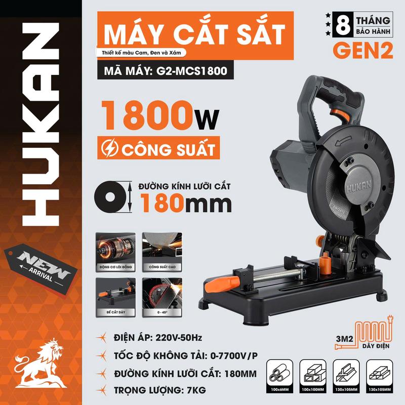  Hukan Máy Cắt Sắt GEN2 Model G2-MCS1800 Công Suất 1800W Lưỡi Cắt 180mm Bảo Vệ Lưỡi Cắt Trọng Lượng 13KG Tốc Độ 7700V P 