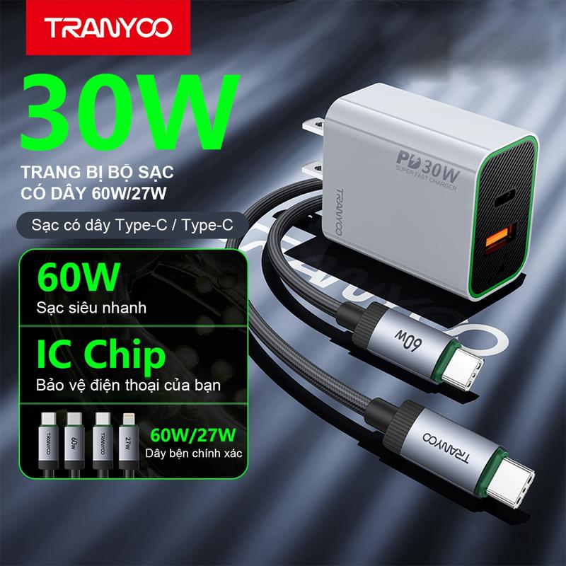Bộ Sạc Nhanh TRANYOO, 30W, Bộ sạc nhanh PD 2 Cổng USB, Type-C US13 , Tương Thích với iP8/X/11/12/13/14/15/16/17 Pro Max, Samsung S23/ S22, Huawei, Xiaomi, realme Cho Điện Thoại - Phone, Phụ Kiện Usb