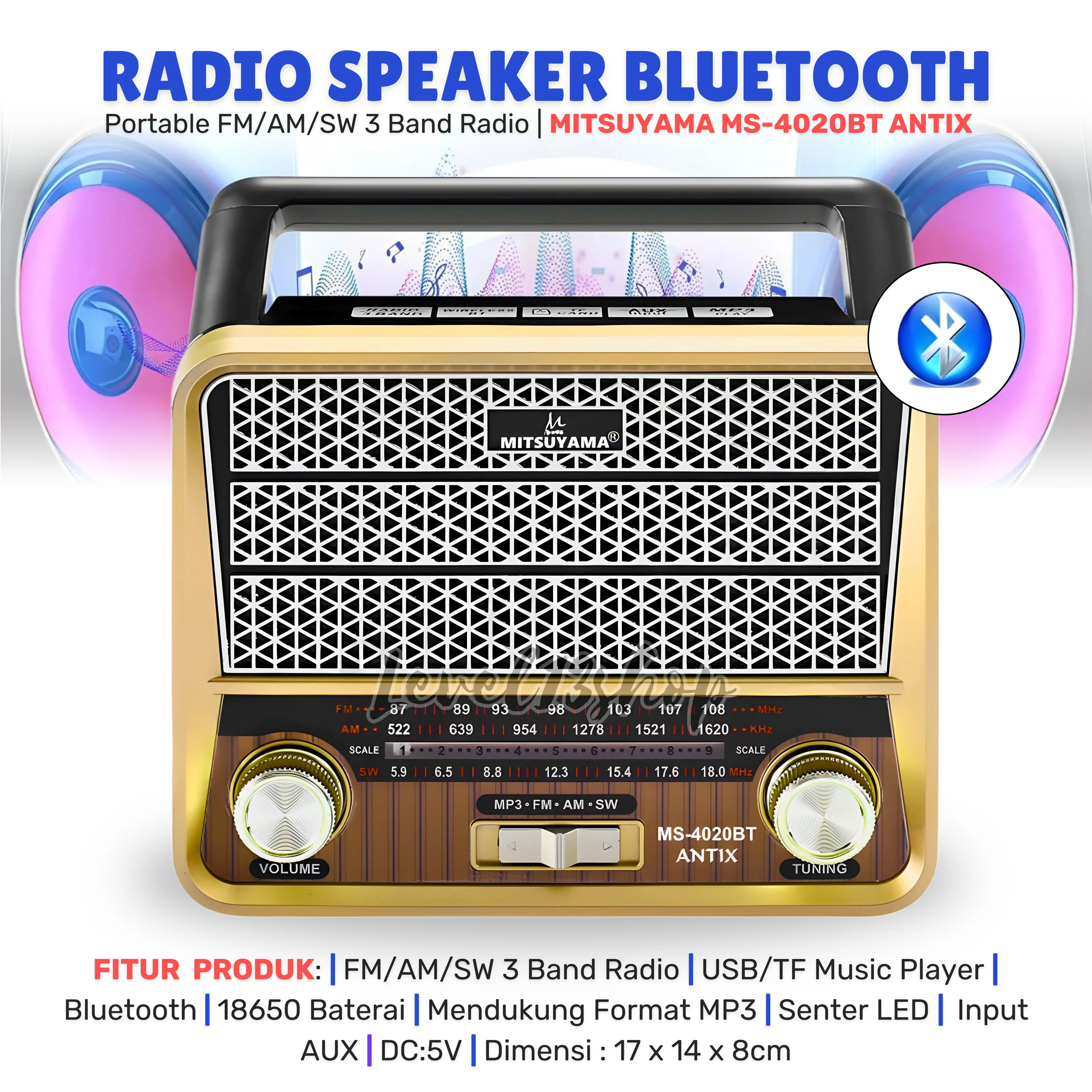Radio Mitsuyama MS-4020BT ANTIX 1200mAh / Speaker Senter LED Bluetooth Mp3 Radio Klasik Design Full Bass