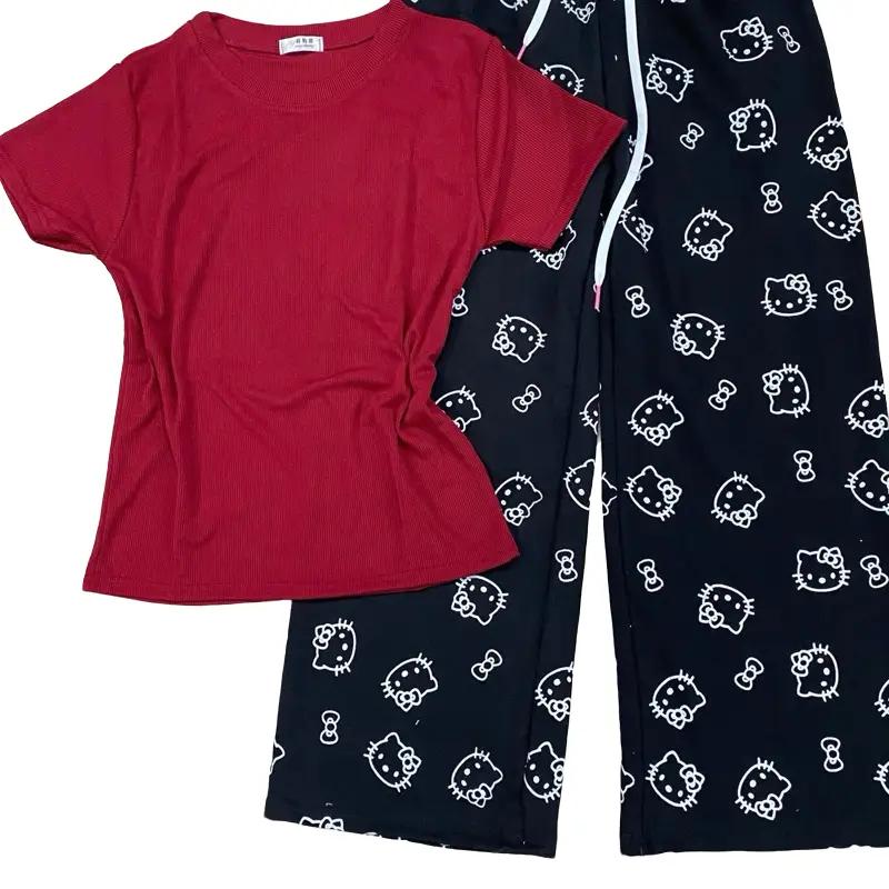 Sét bộ áo thun tăm trơn và quần hello kitty cạp phối trắng 36-53 kg Nữ