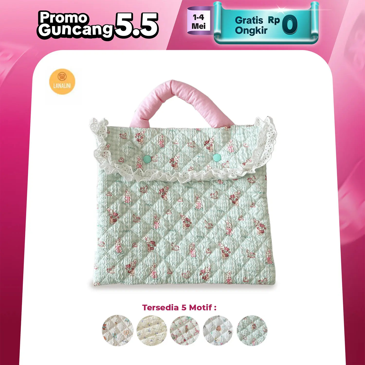 Tas Pelindung Tablet Pad 5 6 7 8 9 10 11 inch Sleeve Sarung Model Jinjing Motif Kartun Anak Warna Hijau Motif Kelinci