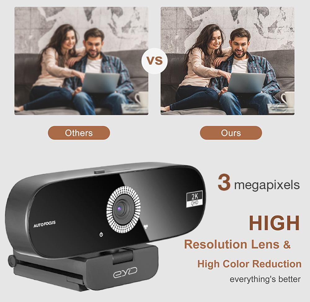 EYD 2K Webcam Autofocus Mikrofon internal Tutup Lensa Privasi Rotasi 360 Untuk USB Laptop Komputer PC Camera PC02 Kamera Windows/Linux/Android/MacOS