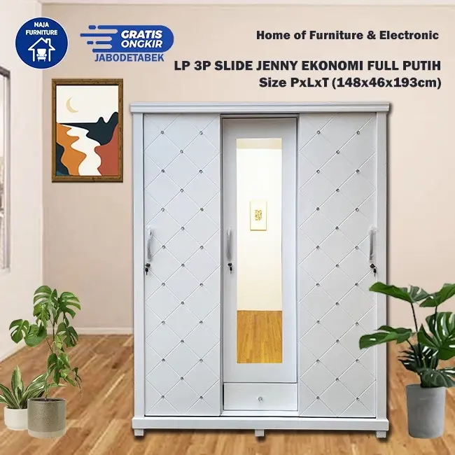 FURNITURE Lemari Pakaian 3 Pintu Sliding | Lemari Pakaian Jenny Ekonomi | Lemari Pakaian Minimalis Sliding 3 Pintu | Lemari Pakaian Modern Furniture Kayu