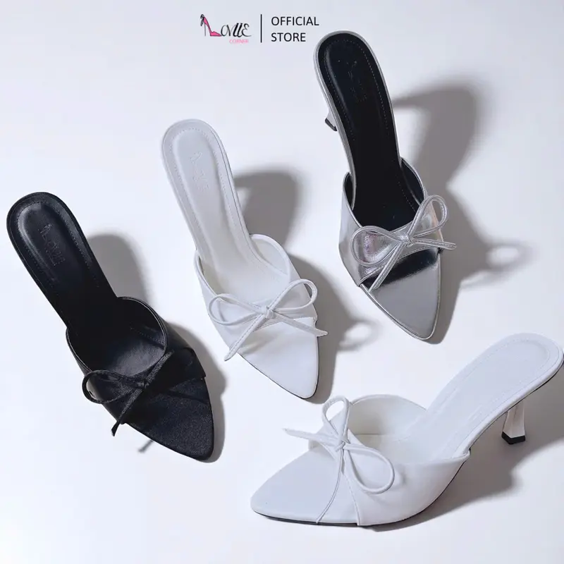 LOVIIECORNER - 2025 - GIÀY CAO GÓT NỮ MŨI NHỌN HỞ - DÉP MULE CAO GÓT NỮ MŨI NHỌN - GUỐC NỮ MŨI NHỌN PHỐI NƠ HIỆN ĐẠI 7 PHÂN - D250301 4