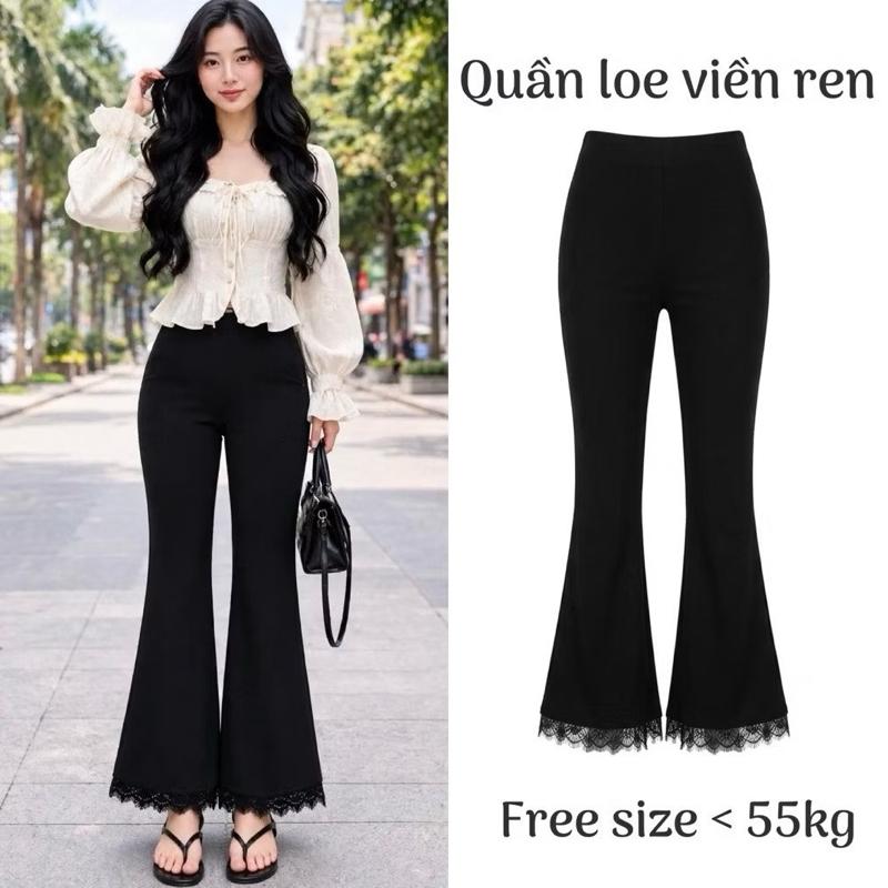 Quần ống loe phối ren cạp cao QDR32 - Free size < 55kg - Nữ