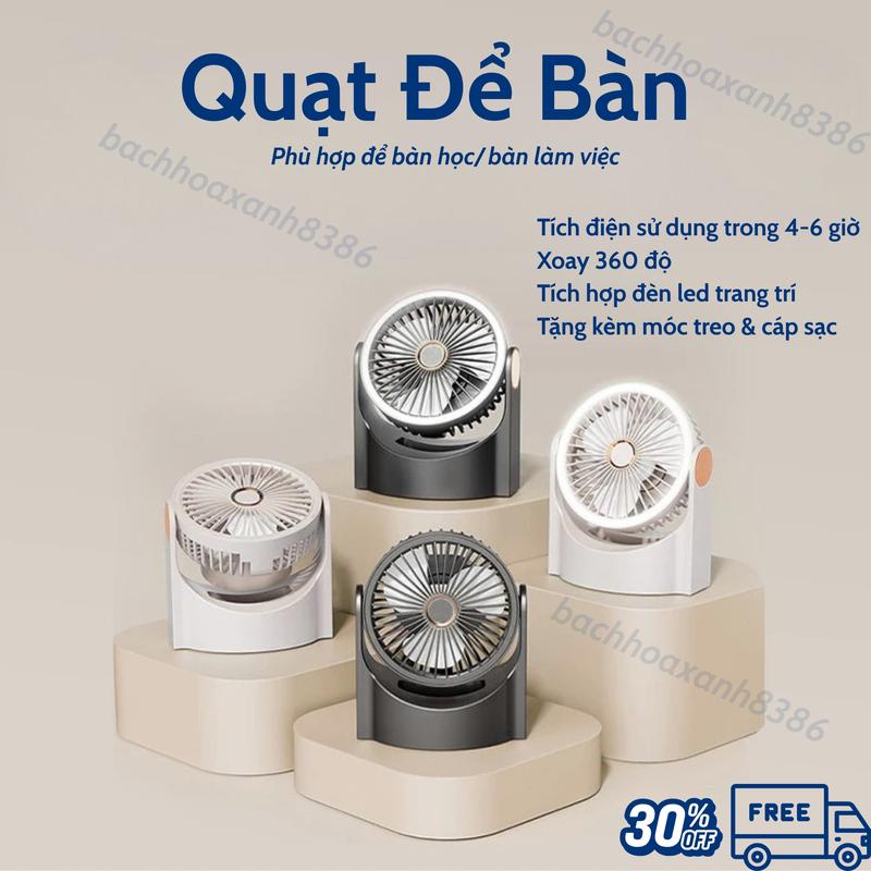 Quạt Để Bàn USB Tích Điện- Quạt Di Động, Có Đèn LED , Gió Mát Quạt Êm, Xoay 360, Để bàn học, bàn làm việc