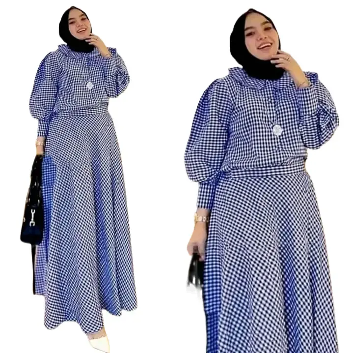 Setelan Baju Wanita Kekinian Jenar Set Bahan Katun Kotak Kancing Depan Busui Setrok Muslim Mewah 2024