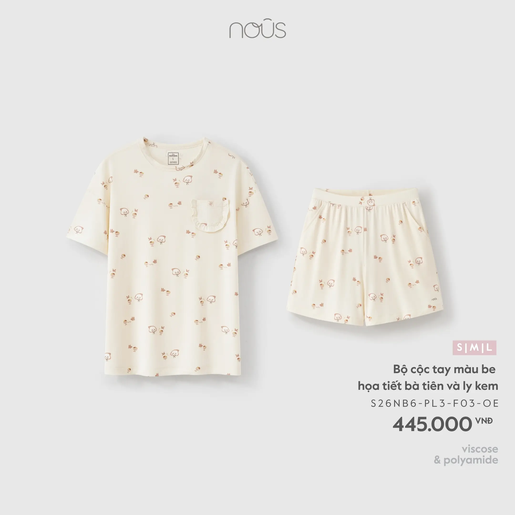 Bộ cộc tay màu be họa tiết bà tiên và ly kem Nous