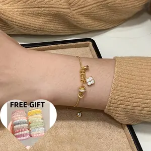 Lunestar Gelang Emas Liontin Berlian Bulat Daun Semanggi Empat Yang Dapat Disesuaikan Perhiasan Mewah Yang Sangat Indah Dan Mewah Bracelets