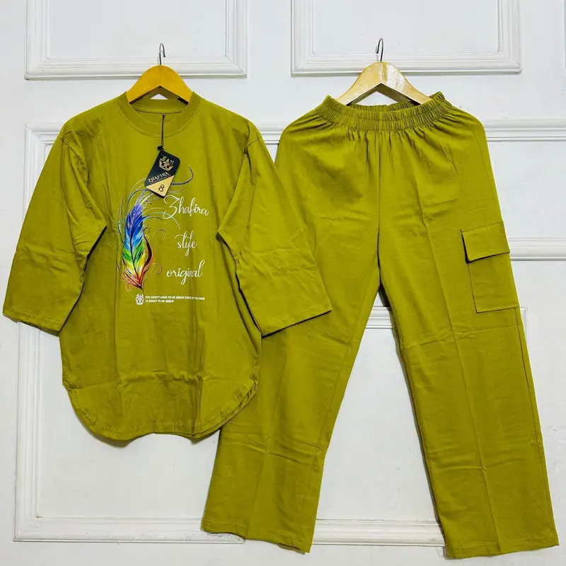 Setcel Kaos Dewasa combet set, Setelan CARGO WANITA , setcel wanita Combed kekinian Atasan Celana Karet pinggang Panjang Kulot 3