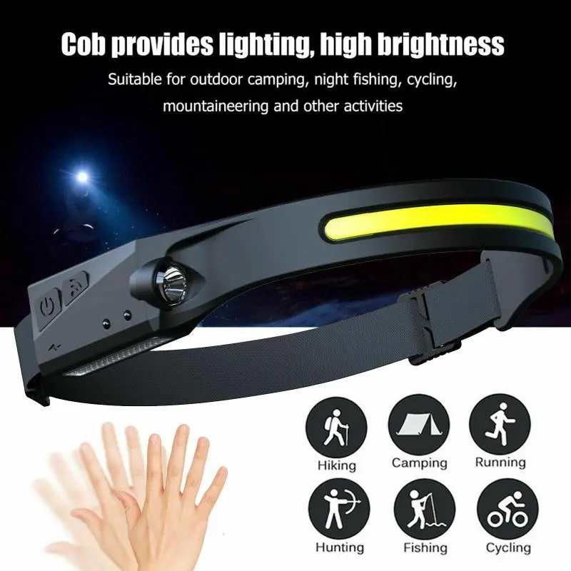 Powerful COB Headlamp Motion Sensor Head Light Work Light USB Rechargeable Headlamp Bar Head Band Torch Outdoor Camping Lamp