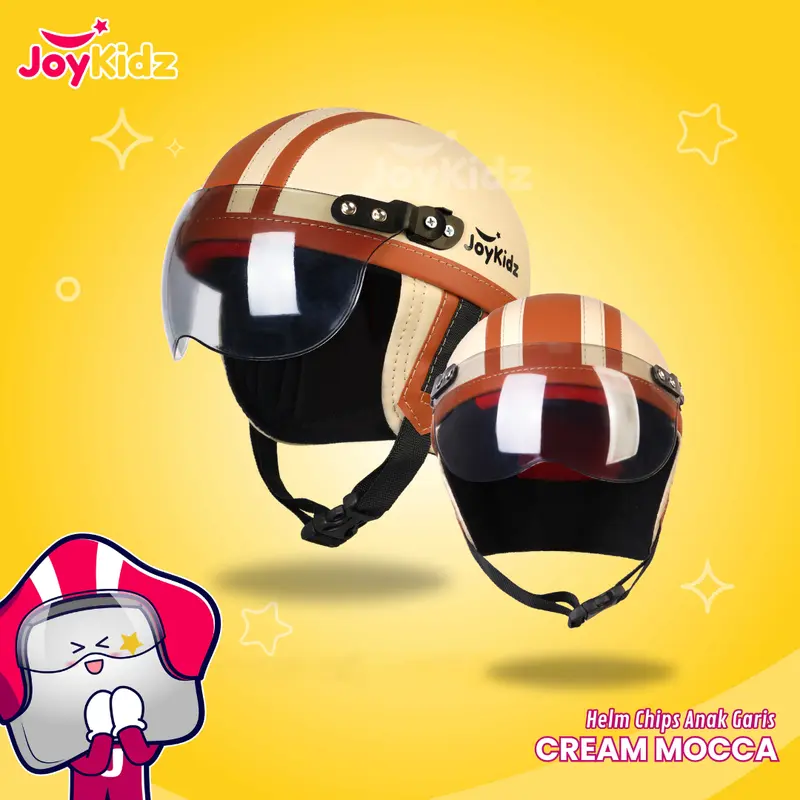 Helm Anak Retro Chips Untuk Usia 1-5 Tahun Polos Garis Cream Coklat Free Kaca SNI 2