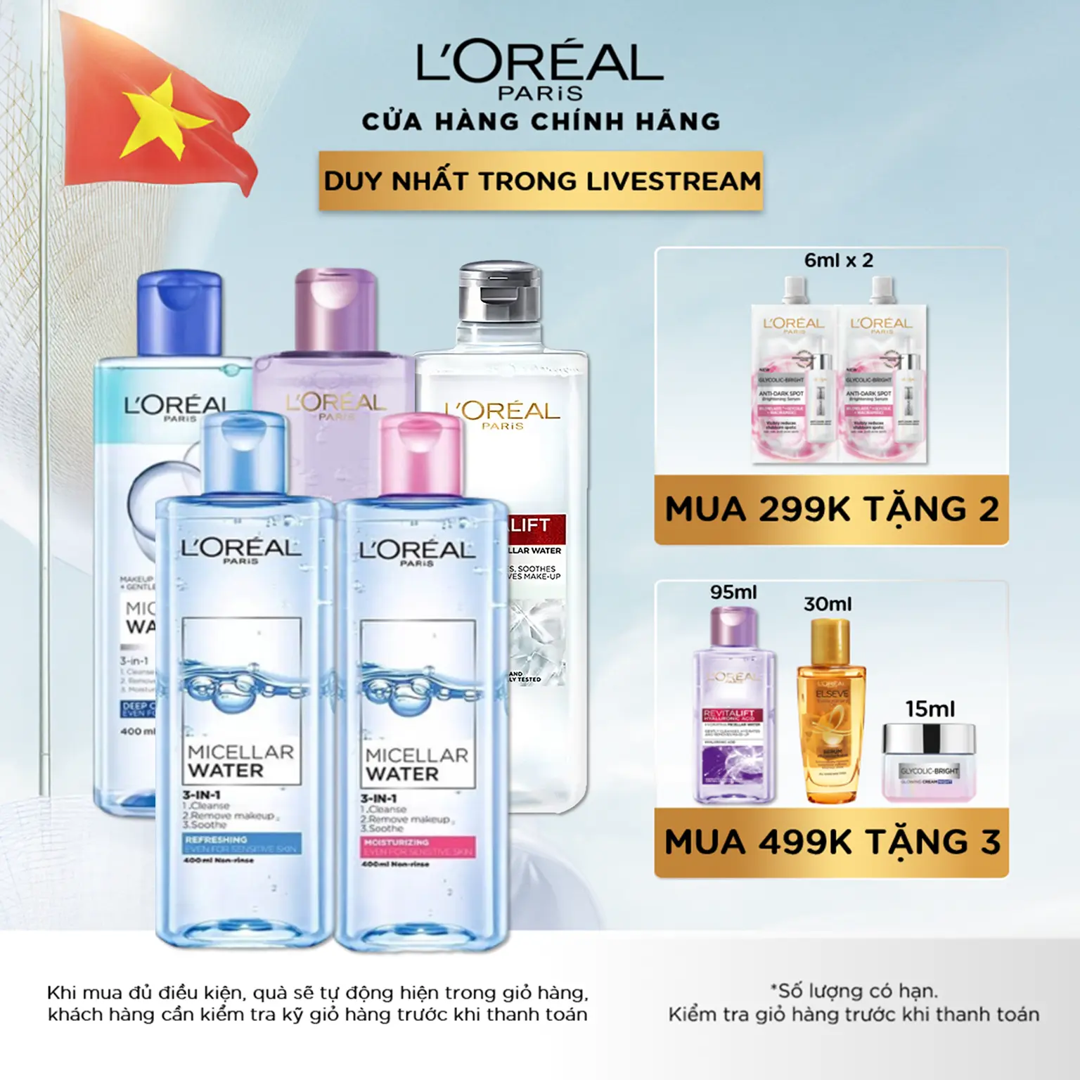 [BRAND LS] Nước tẩy trang và làm sạch sâu 3-in-1 L'Oreal Paris Micellar Water 400ml (5 phân loại) Cosmetic