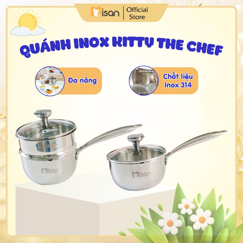   KOC  Quánh Inox 304 Đúc Nguyên Khối Kitty The Chef Có Chia Vạch Nắp Thủy Tinh Cao Cấp Tích Hợp Nồi Chảo Phù Hợp Mọi Loại Bếp 