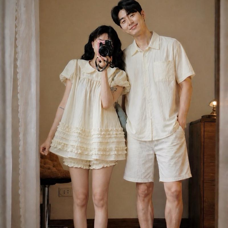 Set đồ đôi nam nữ couple gồm set váy cổ sen babydoll và áo sơmi nam tay cộc ch