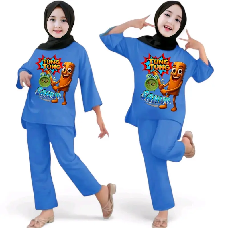 Stelan anak perempuan panjang stelan viral stelan anak sampai remaja motif viral animasi anomali tung-tung sahur  Usia 2-14 thn Denim Pink Ungu 1