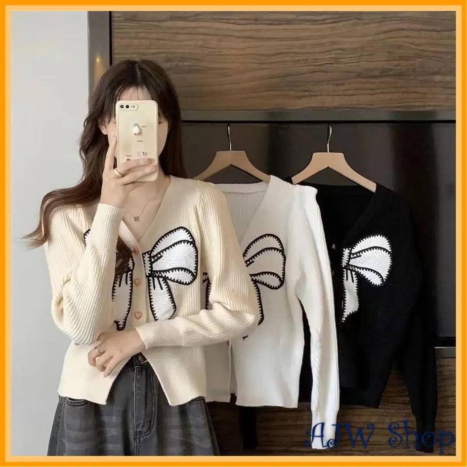 AJW [WDA] Cardigan Rajut Wanita Patch Pita Knit Premium | Cardigan Wanita Variasi Patch Pita Kekinian | Baju Rajut Wanita Vintage Variasi Patch Pita Premium