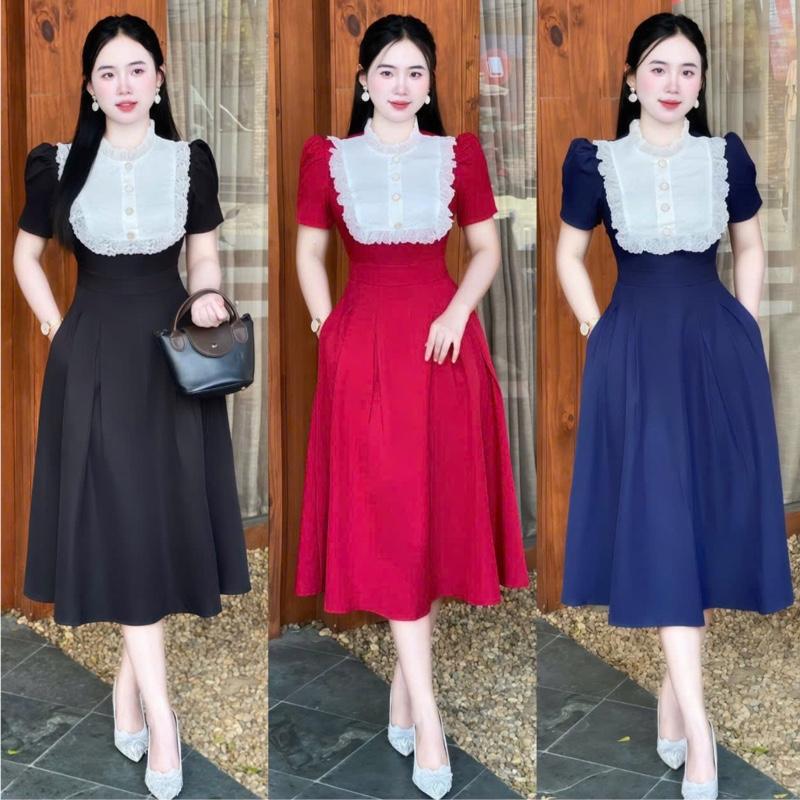 Deal Mở Bán Đầm Váy Thiết Kế EllY N072 Cổ Phối Ren Dáng Dài Tay Ngắn Phù Hợp Đi Chơi Đi Tiệc Đi Làm_Đủ Size XS_S_M_L_XL_XXL Women Dress Sang Trọng