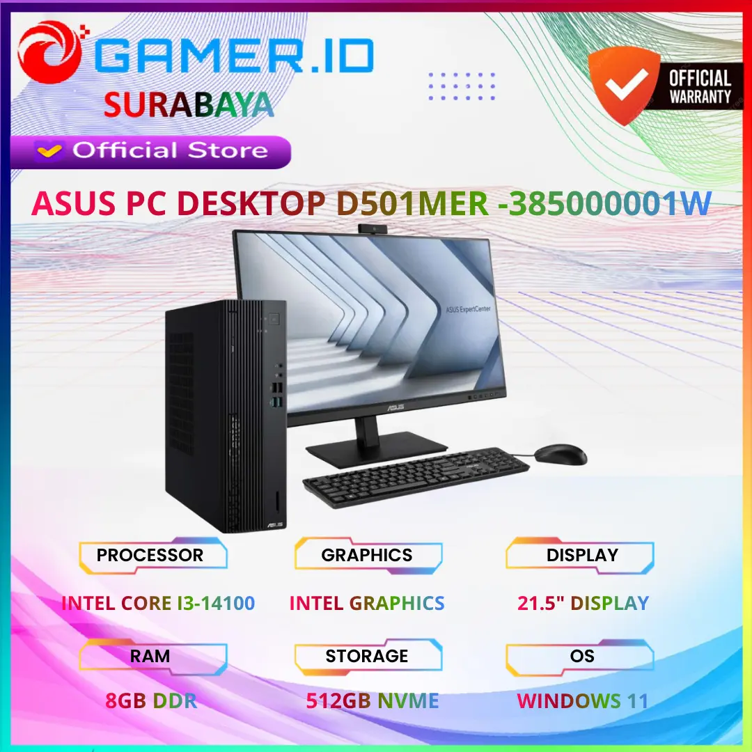 ASUS PC DESKTOP D501MER Intel Core i3 14100 RAM 8GB SSD 512GB Windows 11 -385000001W + MONITOR 21.5 inch