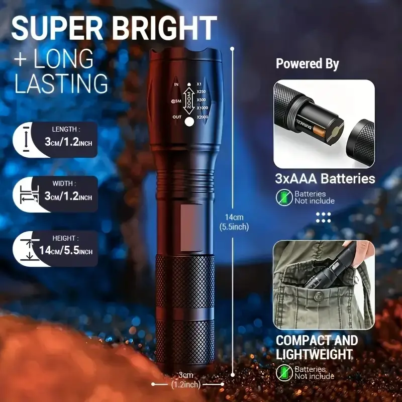 Portable Powerful LED Flashlights Zoomable Tactical Torch Outdoor Camping Hiking Riding Flashlight 5 Lighting Modes Zoomable Light Waterproof