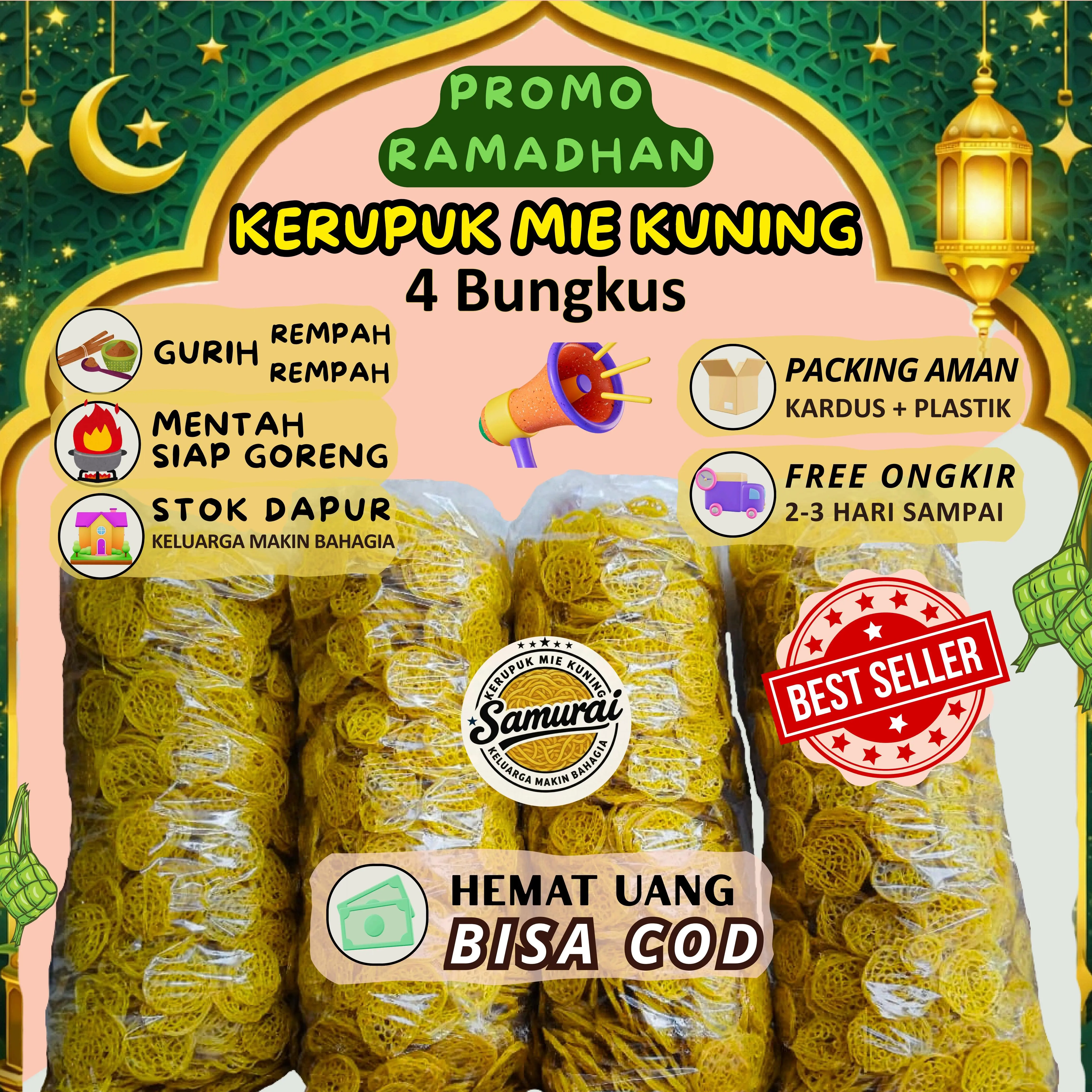 KERUPUK MIE KUNING KHAS TEGAL JAWA TENGAH Gurih Renyah BPOM SPP-IR Halal Dari Tepung Tapioka Rasa Gurih Asin Bumbu Rempah Camilan Jajanan Food