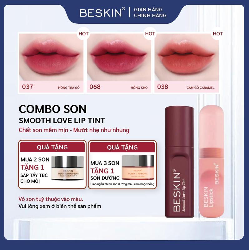 BE-02 SON NHUNG BESKIN "SMOOTH LOVE LIP TINT" - Dung tích: 2,5g - Thương Hiệu: Beskin - Cosmetic Mỹ Phẩm Trang Điểm Son Môi Son Kem Women Nữ