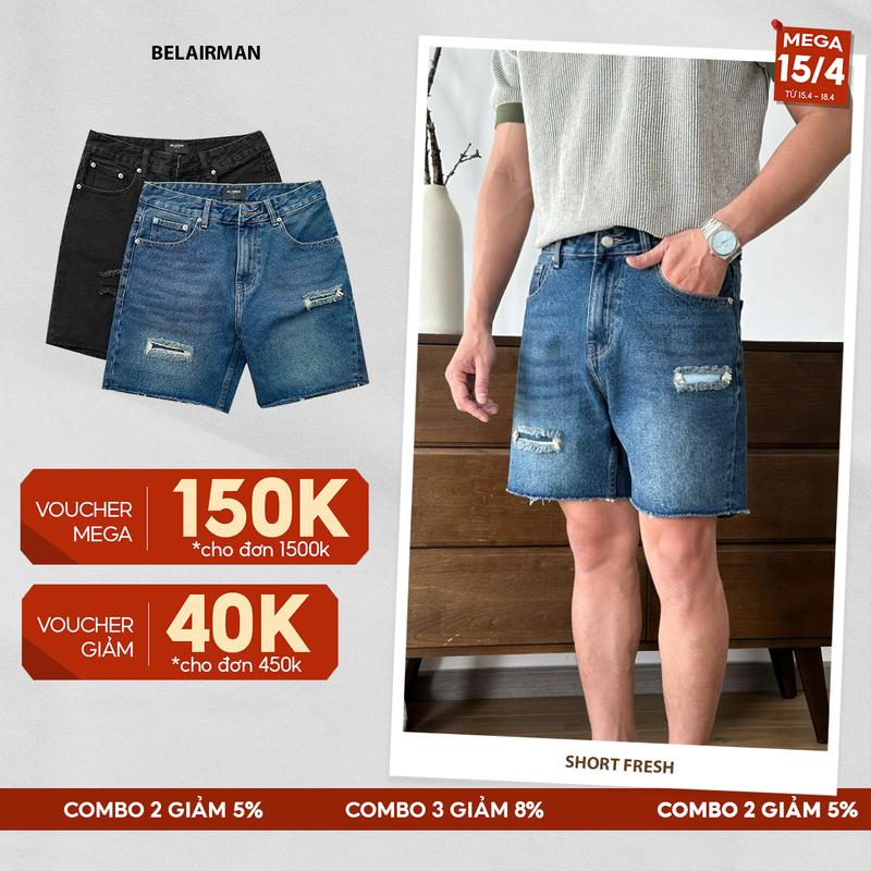 Quần short jean nam BELAIRMAN FRESH DENIM, rách gấu, form trên gối, khóa kéo, Pants - QSJF0114 Menswear Có Túi