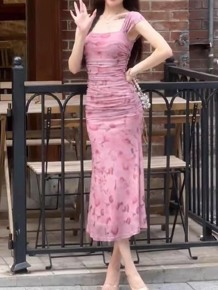 7886 baju dress biru muda wanita kekinian korean style elegant floral party dress bodycon midi kembang tanpa lengan korean style dress cantik ke pantai terbaru 2025 import