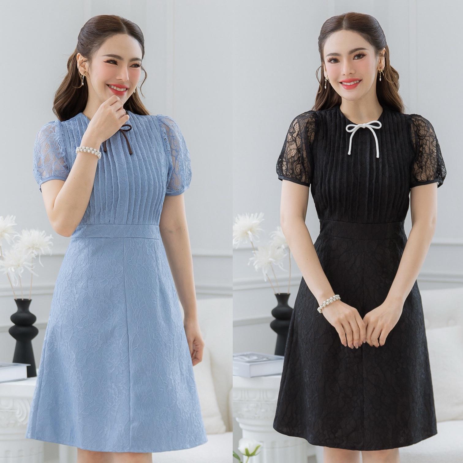 ALERT BRAND เดรสลูกไม้อกตีเกล็ดตั้ง สวยมีเลเยอร์ ลูกไม้อัดกาวอยู่ทรงสวย มีดีเทลแต่งโบวเล็กๆน่ารัก สว