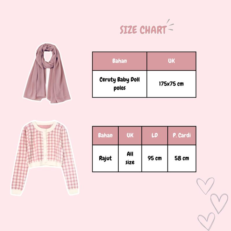 Setelan Baju Wanita Hijab Outfit Cute Atasan Cardigan Pink, Rok Susun Putih, dan Pashmina Mauve TB 049 2