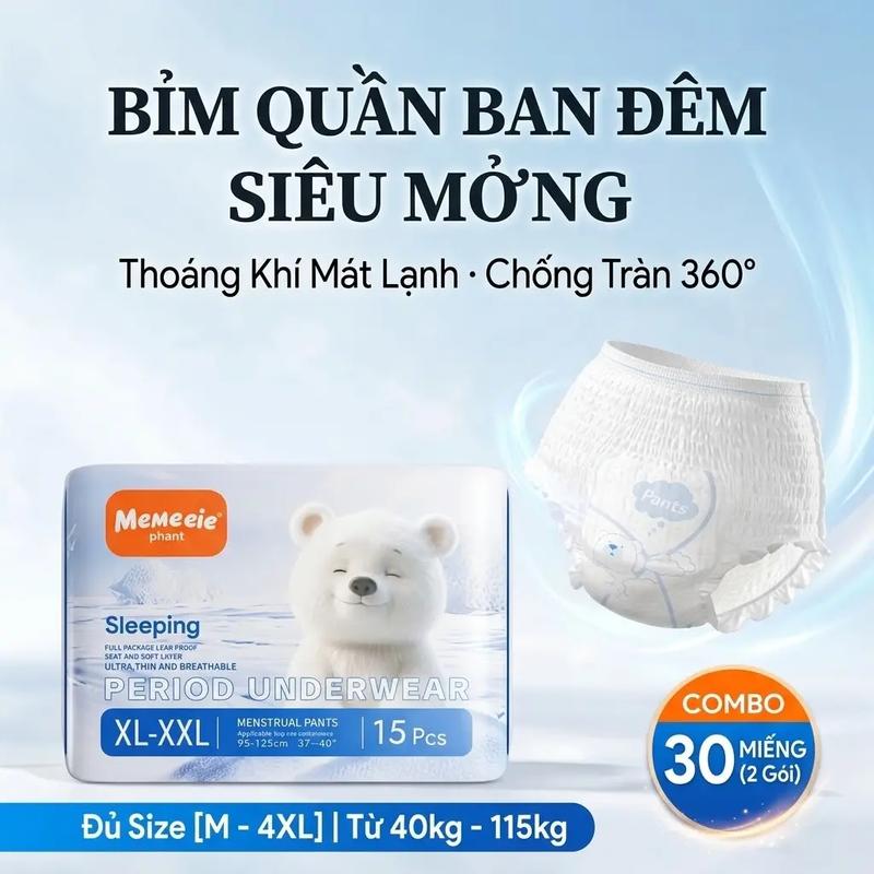 Băng vệ sinh dạng quần Memeeie ban đêm (15 miếng) - Chống tràn 360º, siêu mỏng thoáng khí (40-115kg) bang vesinh giare đệm