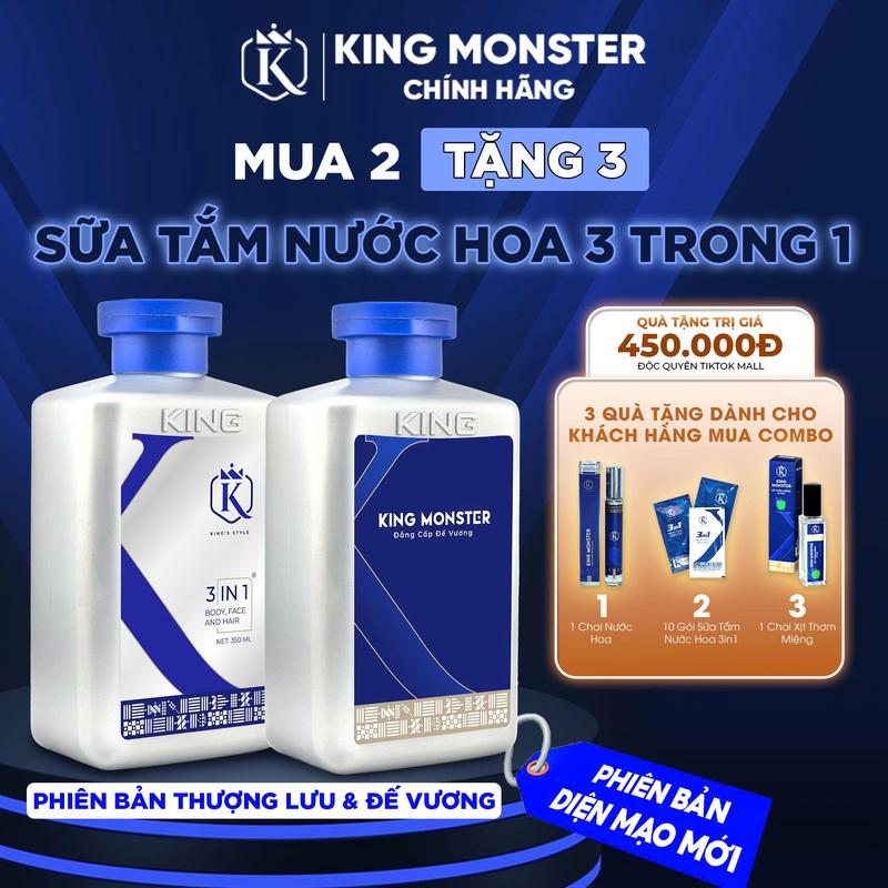 [Mua 2 Tặng 3] Combo 2 Chai Dầu gội, Sữa Tắm King Monster (Đế Vương + Thượng Lưu) Tặng 3 phần quà (Nước hoa + Xịt thơm miệng + dây 10 gói)