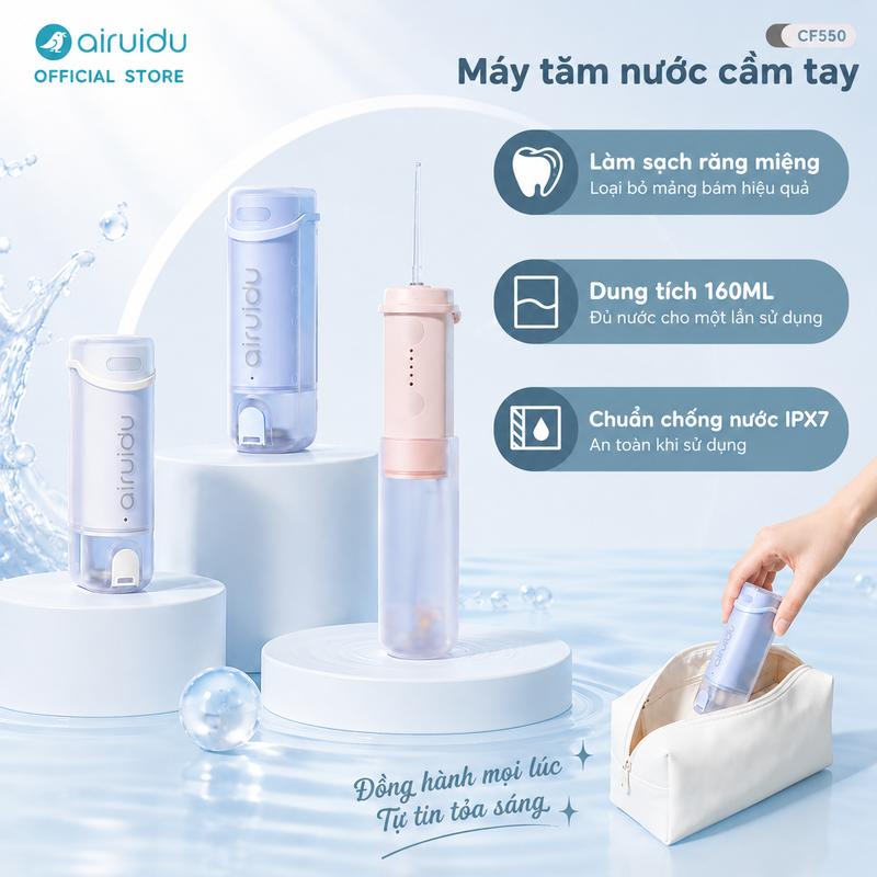 Máy tăm nước Airuidu CF550 – làm sạch kẽ răng chuẩn nha khoa, thiết kế riêng cho người đang niềng răng.