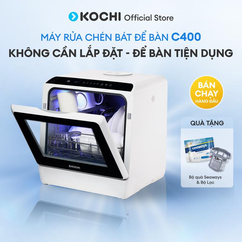 Máy rửa chén bát để bàn KOCHI C400 - Nhỏ gọn - Tiết kiệm năng lượng - 4 bộ - May Rua chen - Kochi vietnam - May rua bat - mini - Rửa nước nóng, Sấy và khử trùng - Làm Sạch hoàn hảo