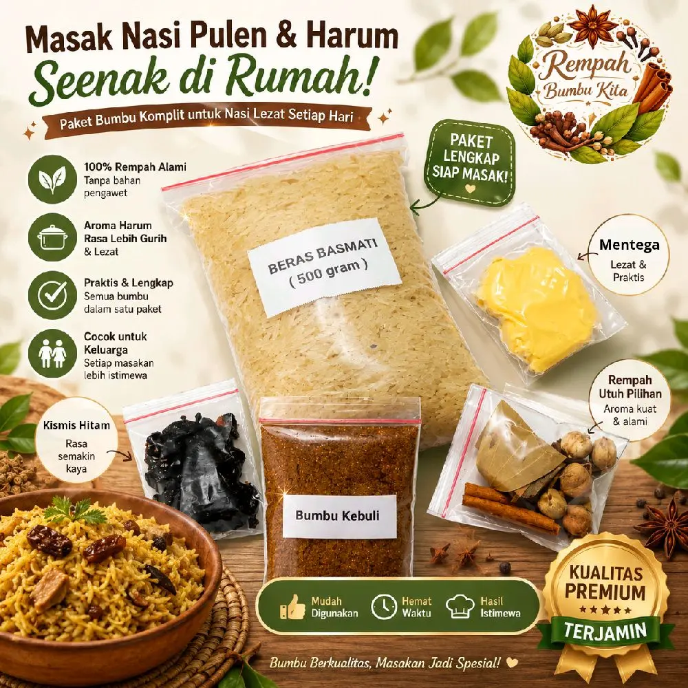 Paket Lengkap Nasi kebuli,Briyani,Mandhi,kabsah&Bukhori    Beras Basmati 500gr/Lengkap dengan Bumbu, rempah, margarin dan kismis,/nasi arab, arabian food, Masakan Khas Timur Tengah