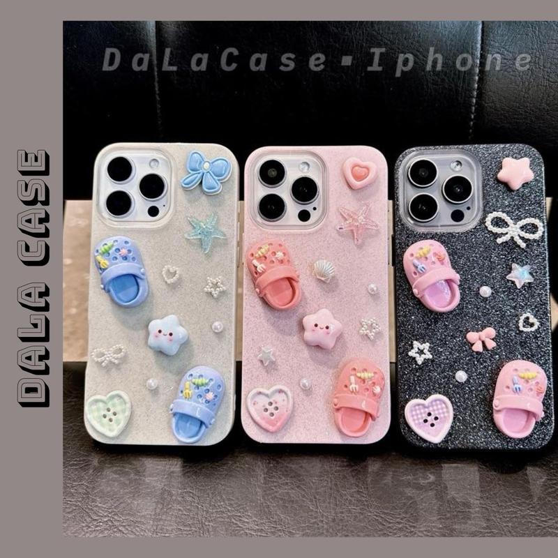 Ốp Lưng Nhũ 1 Viền Hồng Kem Charm Dép Sục Sao Tim