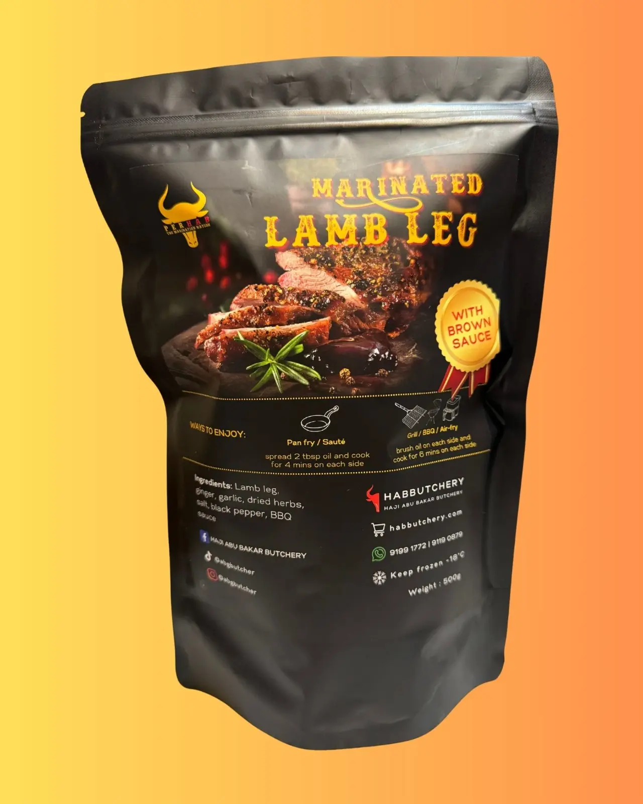 Marinated lamb leg with brown sauce. 4 to 7 slices