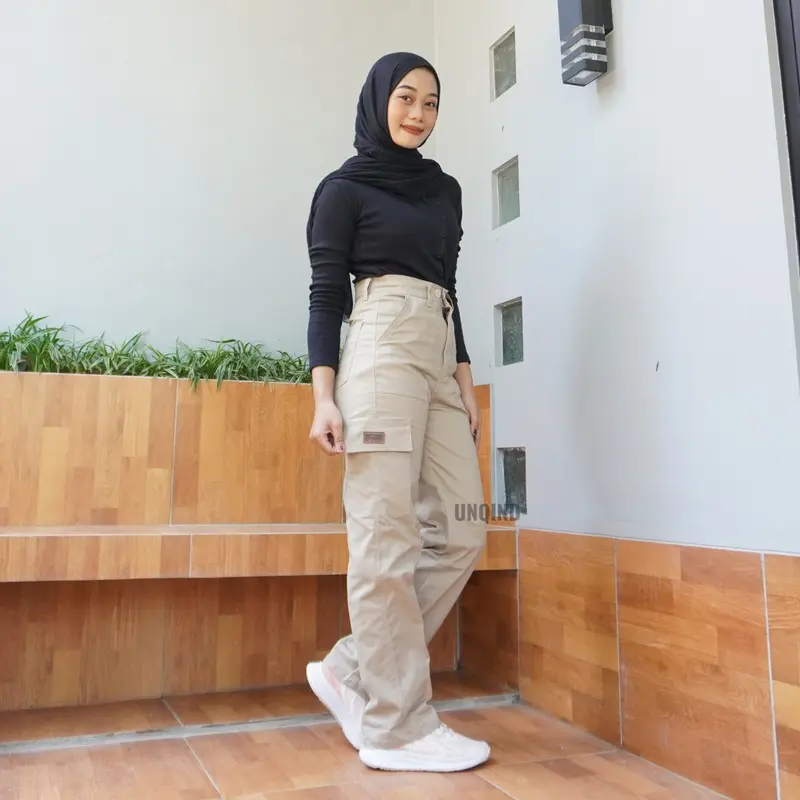 Uniquee - Celana HIGHWAIST CARGO Korean Style- Baggy Kain Katun Satin Super Premium Tebal Kantong Nyaman Wanita Panjang Kancing 0