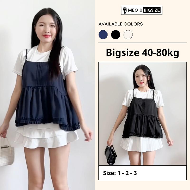 Set áo nữ BIGSIZE Mèo Ú áo thun trơn cộc tay kèm áo 2 dây xếp ly viền bèo phong cách babaydoll nữ tính hack dáng 389