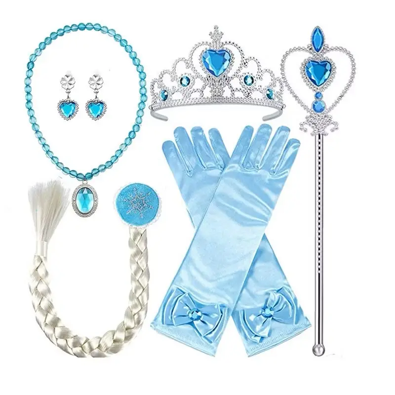 Cosplay Frozen Halloween Cosplay Elsa Anna Princess Accessories Gifts Crown  Wig  Magic Wand  kalung  anting-anting  Sarung tangan