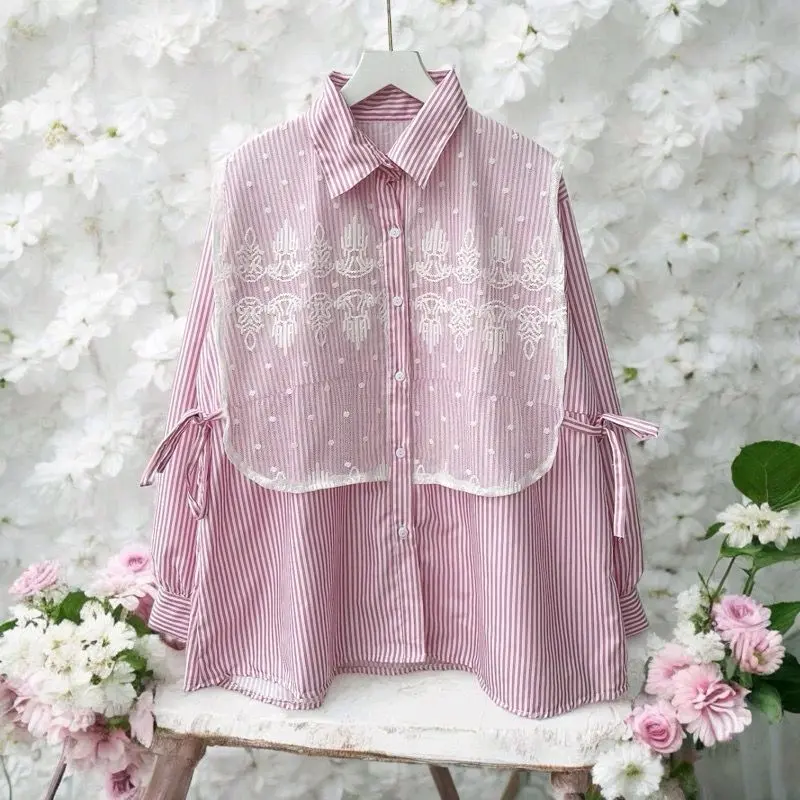 BELI LOKAL CH  BLOUSE KEMEJA  KATUN STRIP BRUKAT