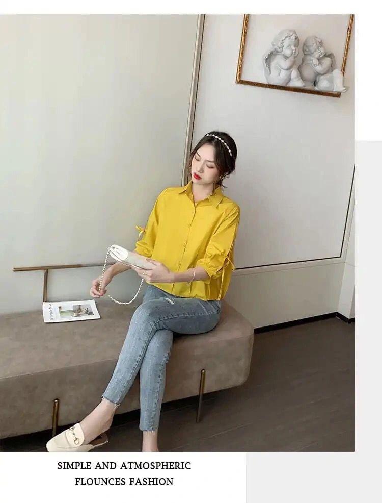 Product Introduction of Women's Chiffon Rheology Hong Kong Style Three-Quarter Sleeve Shirt 2023 New Loose Design Niche Chic Top 8