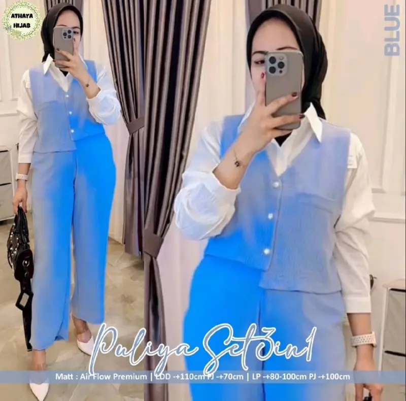 PULIYA SET CRINKLE AIRFLOW TERBARU SETELAN  CELANA DAN KEMEJA ROMPI VEST WANITA KEKINIAN 3