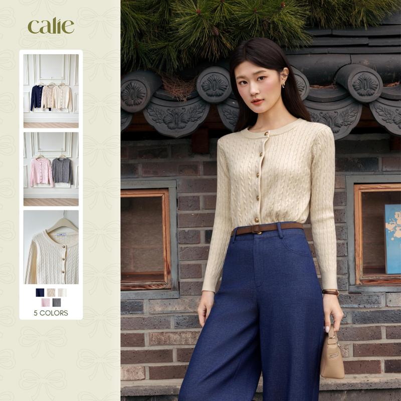   Harmony  Áo cardigan len vằn thừng AL170 kết hợp quần Jean ống suông basic QJ025 quần Jean ống rộng không cạp QJ026 thiết kế thời trang Calie 