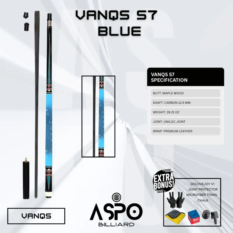 Stik Biliard Carbon VanQS S7  S9 Tip Rainbow 12.5mm Joint Uniloc Grip Kulit Premium Shaft Serat Karbon Defleksi Rendah Panjang 58 Inch Bonus Chalk Handuk Microfiber Sarung Tangan Golovejoy V1 Joint Protector Free Extension Ball 4