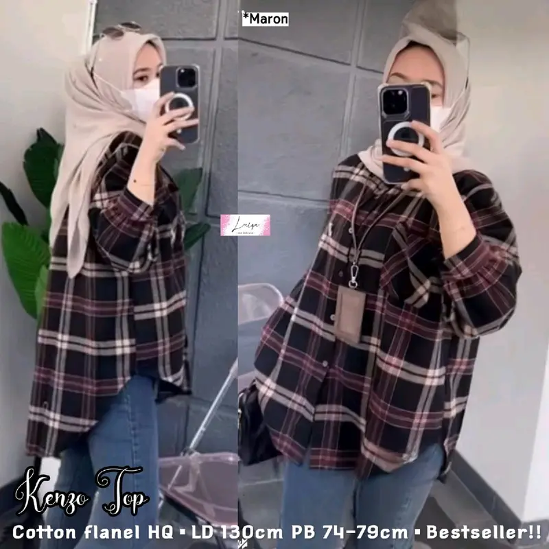 “Rindu” Kemeja Wanita Model Oversize LD 130 Bahan Flanel Kotak-kotak Best Seller/ Baju Atasan Wanita Terlaris Cuttingan Jumbo Busui dan Wudhu Friendly Termurah. Shera. Sarah 4